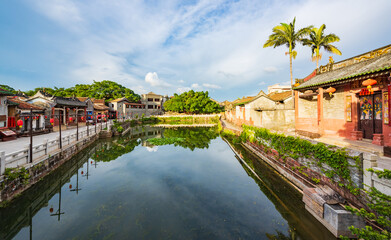Fototapeta premium The blue-hour scenery of Nanshe Ancient Village in Chashan, Dongguan, Guangdong.