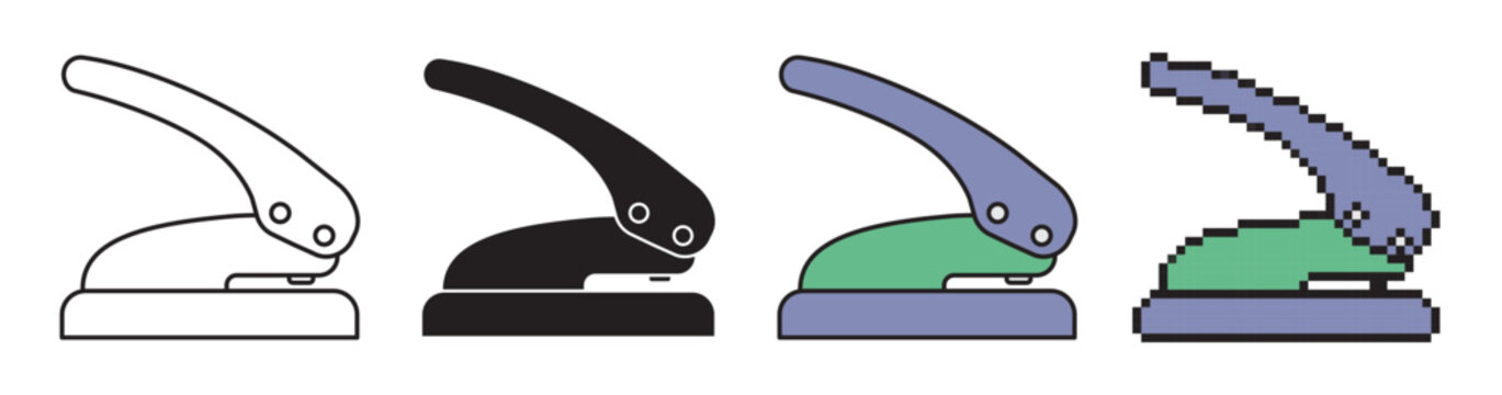 Hole punch vector icon set in four variations: linear outline, solid black glyph, colorful flat design, and pixel art. Stationery and school supply icons isolated on white background.