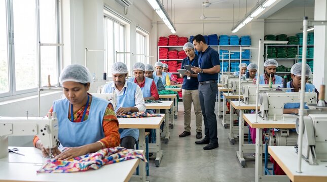  Modern Ethical Textile Garment Factory Floor With Skilled Workers Sewing
