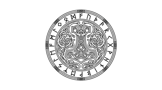 Circular Norse Viking Thor Hammer Symbol with Runes.