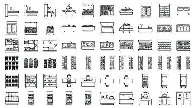 Supermarket interior floor plan icons, 60 retail store furniture line symbols, grocery shop equipment and shelving vector set for architectural layout