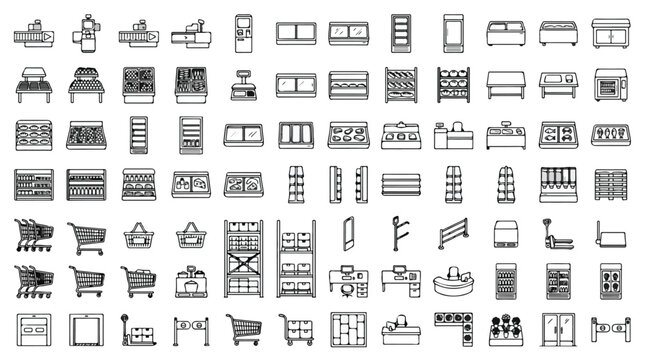Supermarket equipment line icons set, retail store furniture and grocery shop interior elements, 72 commercial display and shelving vector symbols