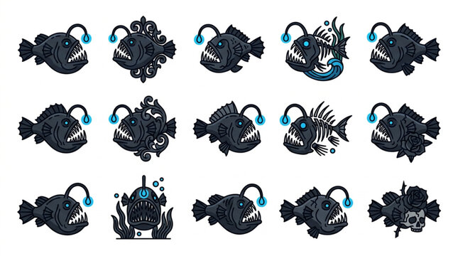 Collection of cartoon anglerfish illustrations with bioluminescent lures.