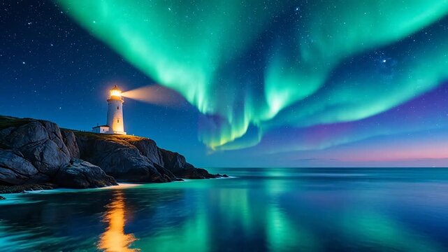 Lighthouse under northern lights