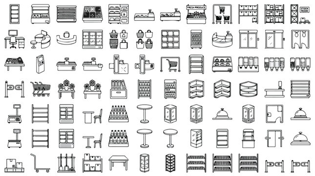 Supermarket equipment line icons, 77 retail store furniture and grocery shop interior elements, commercial display shelves and checkout counter vector set