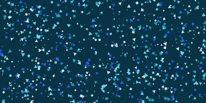 Minimalist blue triangle and square shapes floating on dark background.