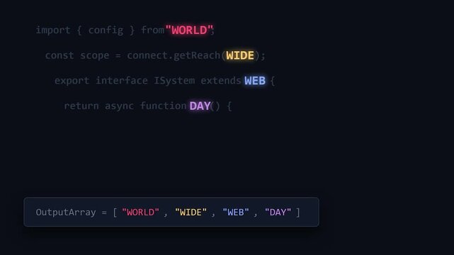 Programming Code and Script animation celebrating World Wide Web Day Minimalist Dark Interface with Neon Highlights Modern Digital Motion Graphics for Tech Awareness