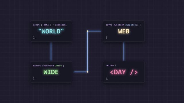 World Wide Web Day programming sequence with glowing neon text nodes on dark blue grid background for global internet connectivity celebration concept