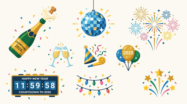 People celebrate New Year's Eve with champagne and fireworks at a party