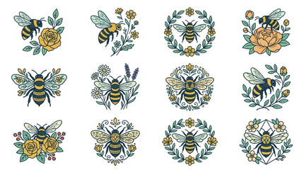 Collection of Decorative Bee Illustrations with Floral Elements. © Mutmainah