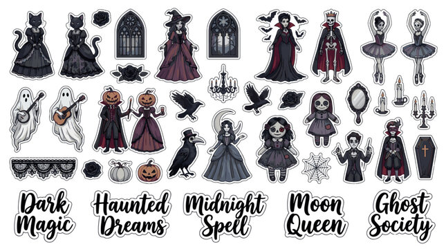 Gothic Cute Halloween Character Stickers Sets Packs, Editable Vectors Strokes Illustrations. containing gothic, sticker, halloween, vampire, witch, skeleton, ghost, spook and mores Halloween stickers.