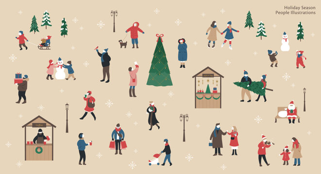 ホリデーシーズンとクリスマスマーケットを楽しむ人々の背景イラスト/ /冬の風景とクリスマスツリー