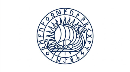 Circular Emblem Featuring a Viking Ship and Runes. © Mutmainah