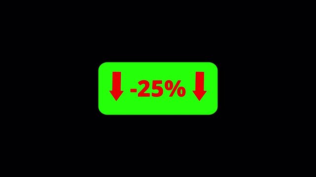 25 Percent Business Loss Counter Animation from 0 to -25 with Down Arrow Indicator in 4K, Negative Growth, Financial Decline, Revenue Drop and Market Performance Motion Graphic, -25% on Transparent Bg