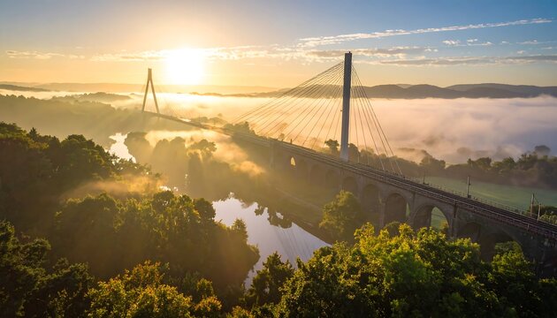 A majestic bridge spans a river, bathed in the golden light of a sunrise, with a misty landscape and surrounding trees