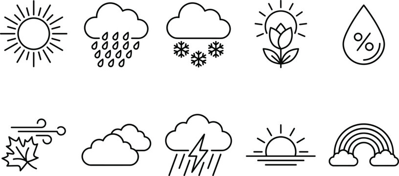 Weather forecast climate line icon set for meteorology seasonal changes environment temperature and atmospheric condition prediction