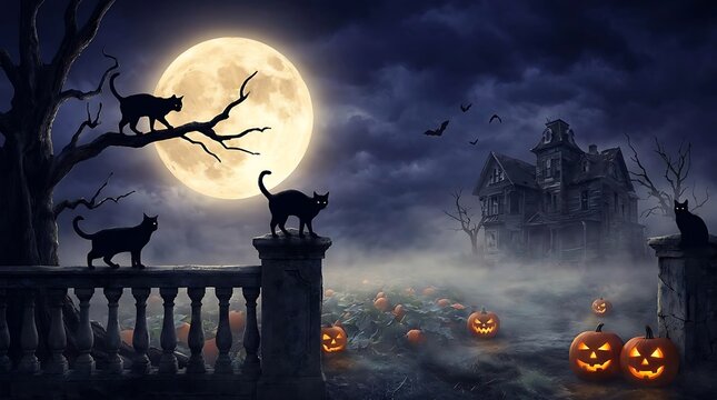 Multiple black cats prowl around a haunted mansion landscape during a spooky halloween night featuring a large glowing full moon and carved jack o lantern pumpkins sitting in dark fog