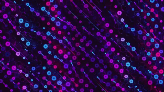 Futuristic abstract background with glowing geometric circles. Seamless VJ loop of a complex digital grid with circular disc elements and network lines, creative motion texture for stage displays.