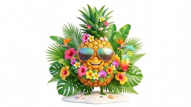 fun pineapple wearing sunglasses surrounded by tropical flowers isolated on clean white background, playful summer fruit concept perfect for vacation promotions and stock photography use