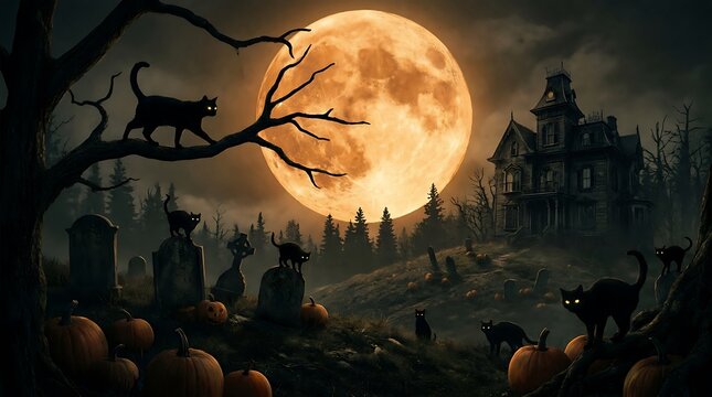 Multiple mysterious black cats prowling through a spooky graveyard filled with glowing orange pumpkins under the light of a massive harvest moon near an abandoned dark gothic mansion at midnight.