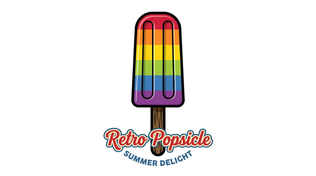 Colorful rainbow popsicle logo, retro summer delight, ice cream treat, sweet symbol