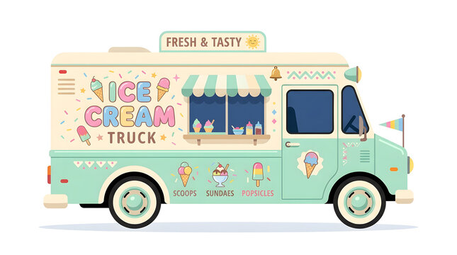 Colorful ice cream truck, illustration of sweet treat vehicle, mint green and cream, dessert cart, summer fun