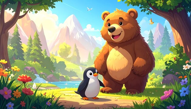 A friendly bear smiles at a penguin amidst a vibrant forest with blooming flowers, a lake, mountains, and a bright blue sky