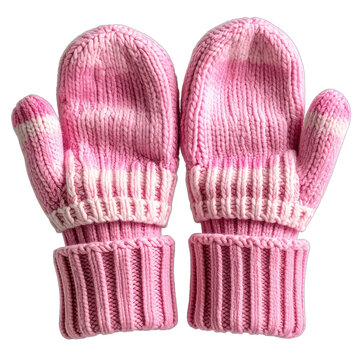 A pair of pink knitted mittens with striped cuffs are displayed against a black background.