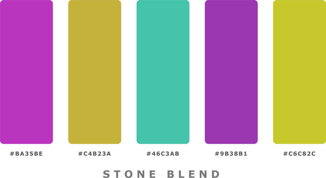 Five vibrant color swatches featuring purple yellow and turquoise tones presented as a palette for modern graphic design.