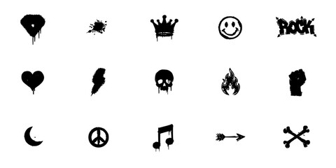 Fototapeta premium Symbols Featuring Hearts, Skulls, Music Notes, and More in Graffiti Style Featuring Peace, Moon, Crown with Rock and Fist