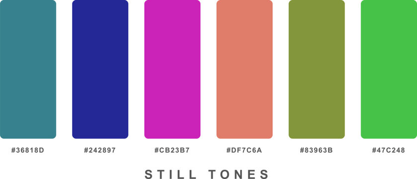 Still tones color palette swatch set with six distinct professional swatches featuring cool blue green purple and orange.
