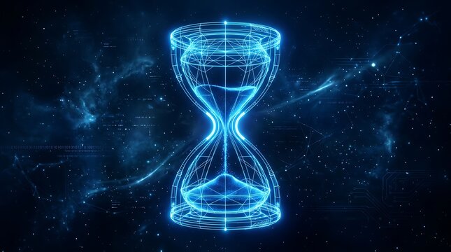 Glowing abstract hourglass in deep space, symbolizing time passing and cosmic mystery.