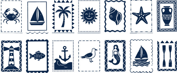 Collection of vintage nautical stamp illustrations featuring various sea icons like ships crabs palm trees shells and ocean motifs set © Design