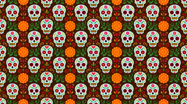 Vibrant Flat Vector Illustration of Day of the Dead Sugar Skulls and Marigold Flowers, Repeating Pattern with Ornate Floral Details on Dark Brown Background, Festive Mexican Cultural Design