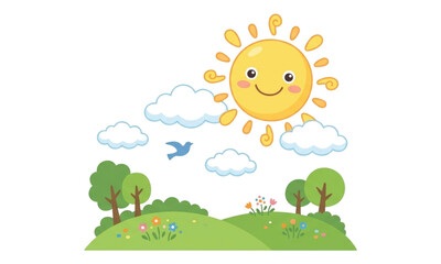 Naklejka premium Cheerful Cartoon Sun over Green Hills and Trees Illustration