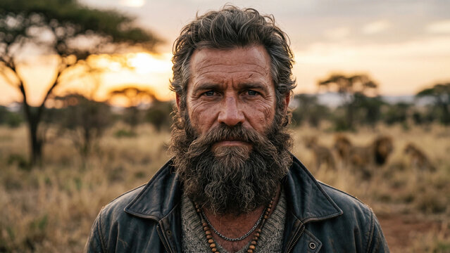 Confident older man with a beard in rugged attire against a wild landscape at sunset