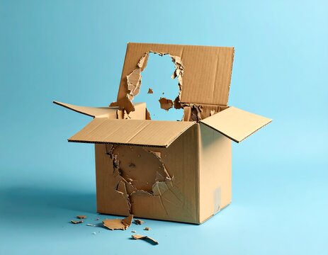 A damaged, open cardboard box sits against a solid, light blue background. Large holes are torn through the sides