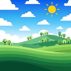 Fototapeta premium Green hills with sheep under bright sunny sky.