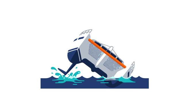 Sinking ship illustration in blue water waves.