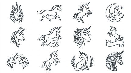 Fototapeta premium Collection of Unicorn Illustrations in Various Poses and Styles.