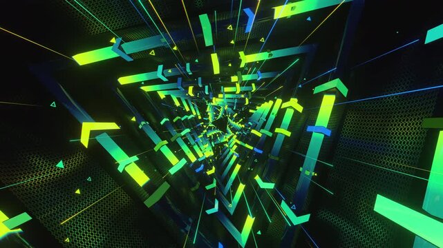 seamless loop of a futuristic geometric tunnel. Abstract digital vortex made of twisting triangle structures, glowing arrows and lines, creating deep perspective background for VJ screens
