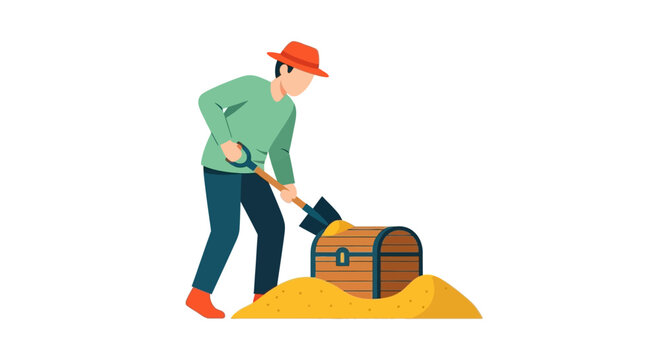 Cartoon man digging up a treasure chest full of gold.
