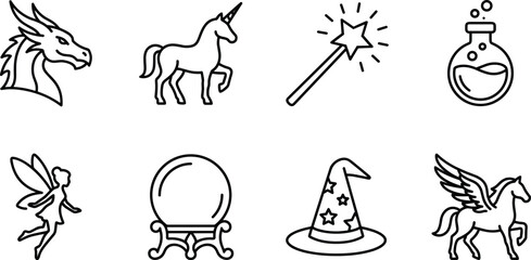 Fantasy creature icons including dragon unicorn and pegasus with magic wand and potion © Mdjillur