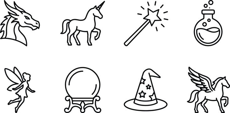 Fantasy creature icons including dragon unicorn and pegasus with magic wand and potion