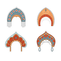 Set of four traditional Slavic kokoshniks, ethnic folk headdress collection, vector elements isolated on a white background © Ekaterina