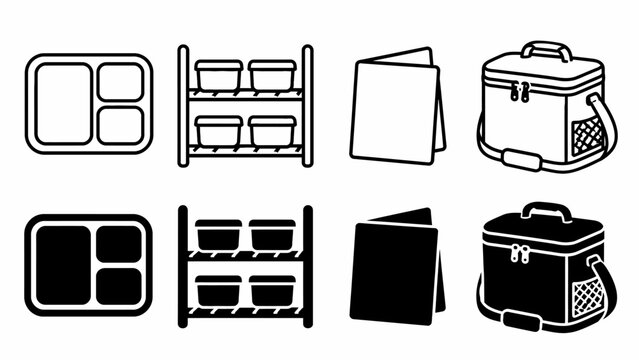 Set of lunchbox accessories: containers, racks, books, and bags in black and white icons