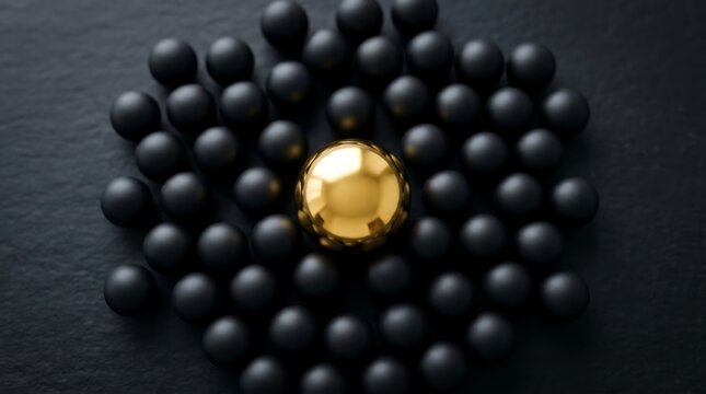 Single golden sphere standing out among many matte black balls with different