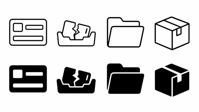 Set of eight minimalist icons: id card, broken files, folder, box