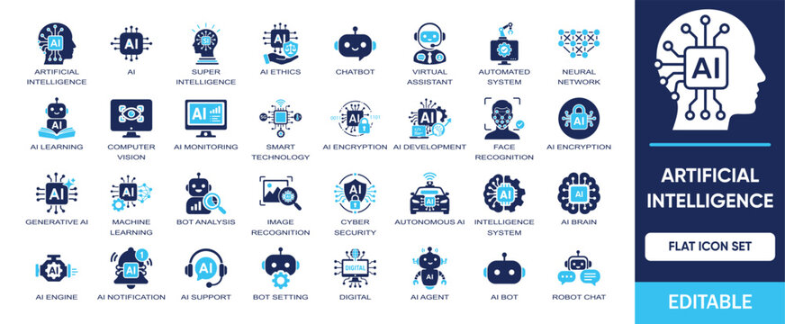 Artificial Intelligence editable solid icon set. Containing ai ethics, chatbot, ai assistant, ai learning, automation, ai brain, support, robot, ai agent and more illustration vector icons collection.