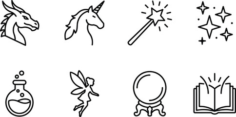 Fantasy icons set with dragon unicorn magic wand potion fairy crystal ball and open book © Mdjillur